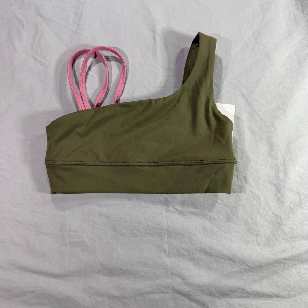 Viella Dance Collection Kids One Shoulder Sports Bra Olive Green Pink Size M NEW